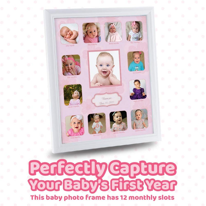 COMFECTO Collage Photo Frame for Baby First Year Keepsake, Multi Picture Frames for Baby Newborn 1st Birthday GiftMemory Home Decor size 11 x 13 x 1 inch with 13 Slots in Pink White Prime Wood - Image 3